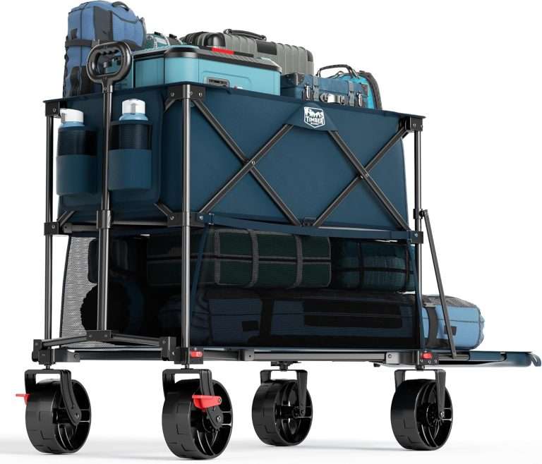 TIMBER RIDGE 400L Large Capacity Folding Double Decker Wagon with Brakes, 54″ Extra Long Extender Wagon Cart, 450lbs Heavy Duty Collapsible Cart, All-Terrain Big Wheels for Camping, Sports, Shopping