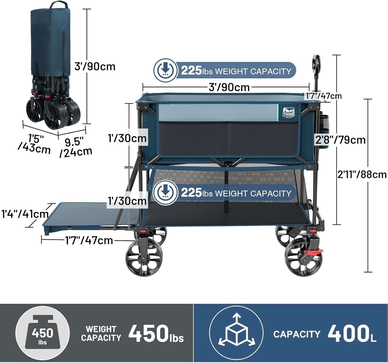 TIMBER RIDGE 400L Large Capacity Folding Double Decker Wagon with Brakes, 54 Extra Long Extender Wagon Cart, 450lbs Heavy Duty Collapsible Cart, All-Terrain Big Wheels for Camping, Sports, Shopping - 9