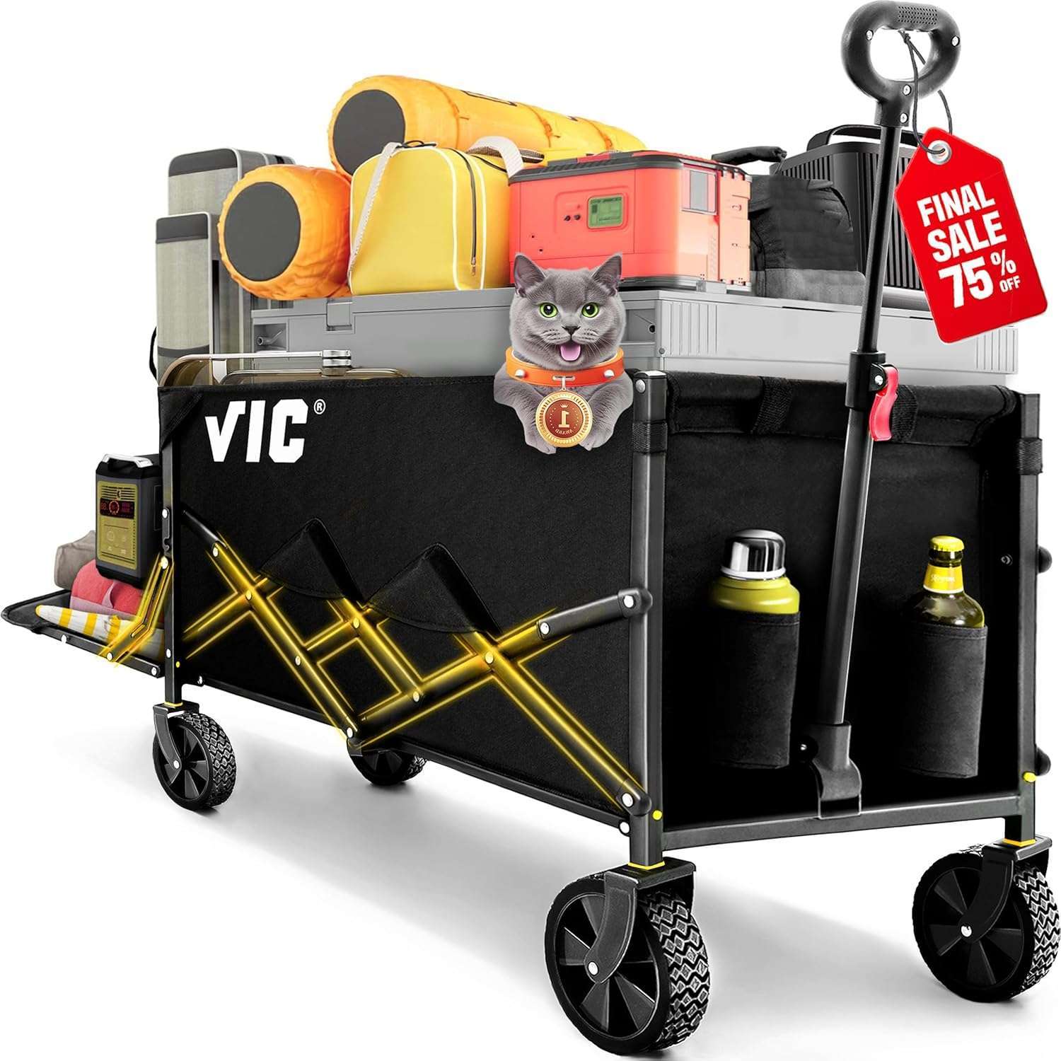 VIC Collapsible Folding Wagon Extra Long Extender Wagon Cart,Beach Wagons Cart Heavy Duty Foldable, Utility Grocery Car with Side Pocket for Camping Garden Sports, V1 - 1