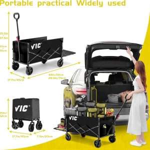 VIC Collapsible Folding Wagon Extra Long Extender Wagon Cart,Beach Wagons Cart Heavy Duty Foldable, Utility Grocery Car with Side Pocket for Camping Garden Sports, V1 - 5
