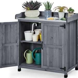 Yaheetech Garden Potting Bench Table, Outdoor Garden Horticultural Wooden Storage Cabinet & Solid Wood Planting Work Bench with Large Space Storage & Metal-Plated Tabletop, Gray - 1