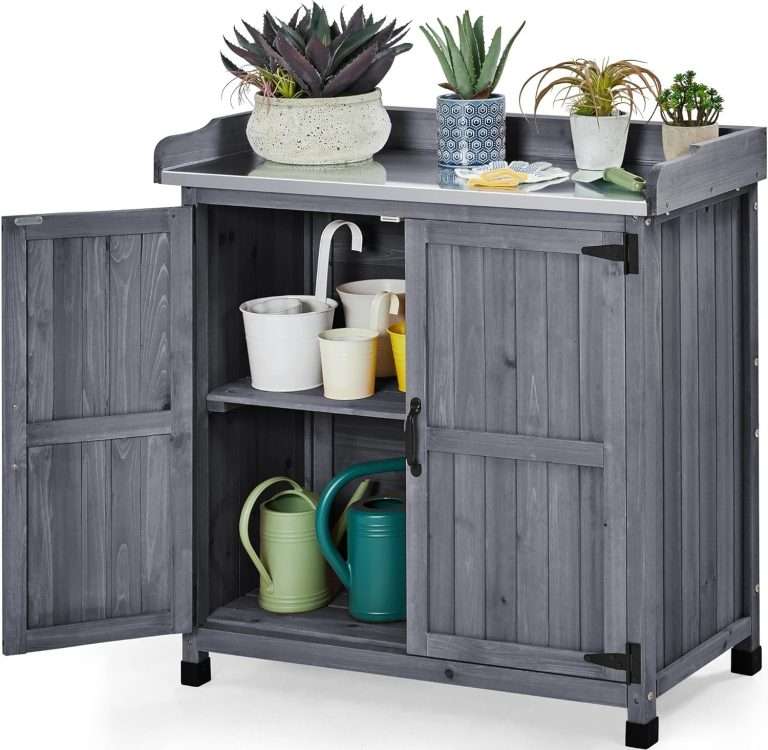Yaheetech Garden Potting Bench Table, Outdoor Garden Horticultural Wooden Storage Cabinet & Solid Wood Planting Work Bench with Large Space Storage & Metal-Plated Tabletop, Gray