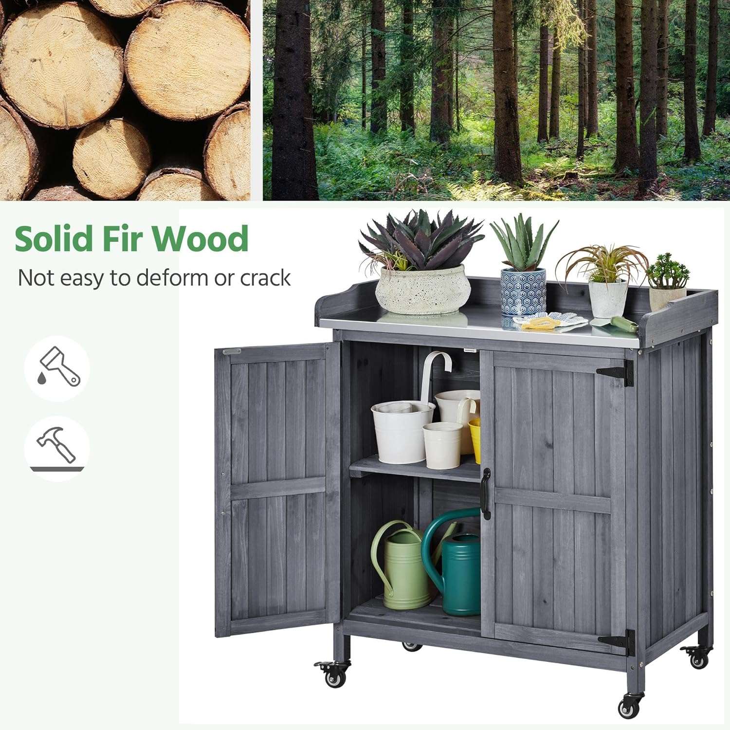 Yaheetech Garden Potting Bench Table, Outdoor Garden Horticultural Wooden Storage Cabinet & Solid Wood Planting Work Bench with Large Space Storage & Metal-Plated Tabletop, Gray - 3