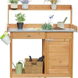 Yaheetech Outdoor Garden Potting Bench Table Work Bench Metal Tabletop W-Cabinet Drawer Open Shelf Natural Wood - 1