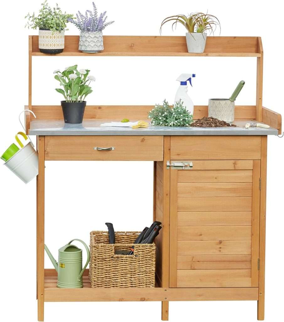 Yaheetech Outdoor Garden Potting Bench Table Work Bench Metal Tabletop W-Cabinet Drawer Open Shelf Natural Wood - 1