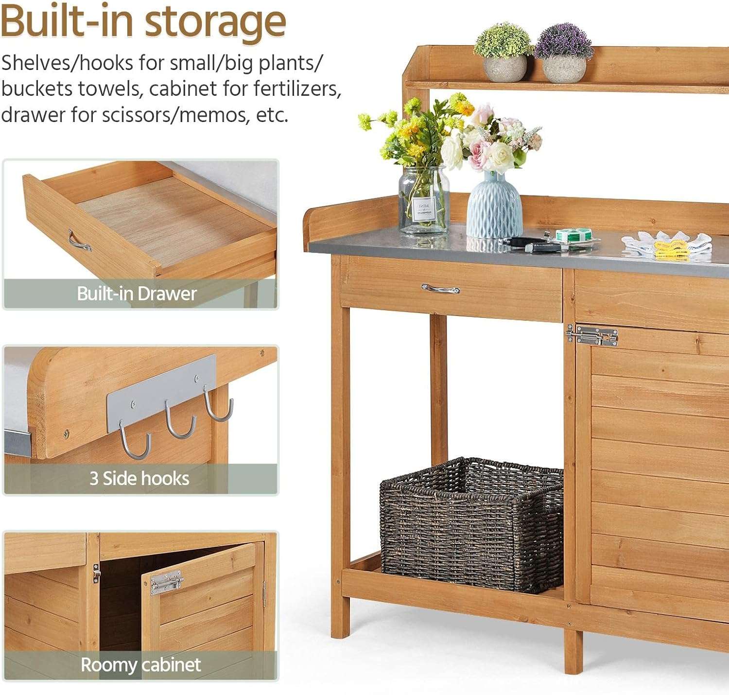 Yaheetech Outdoor Garden Potting Bench Table Work Bench Metal Tabletop W-Cabinet Drawer Open Shelf Natural Wood - 5