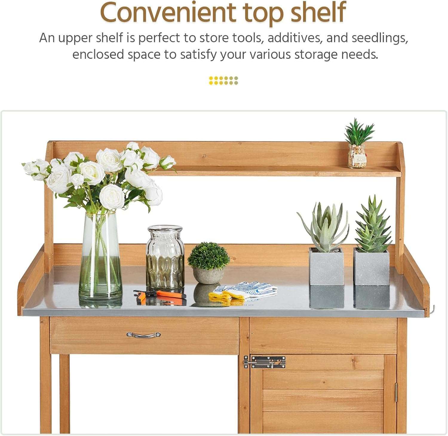 Yaheetech Outdoor Garden Potting Bench Table Work Bench Metal Tabletop W-Cabinet Drawer Open Shelf Natural Wood - 6