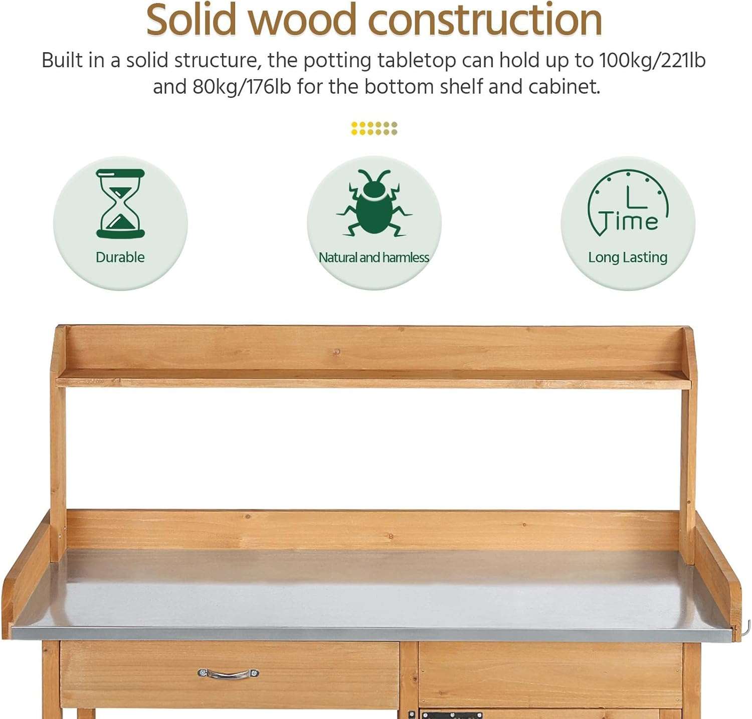 Yaheetech Outdoor Garden Potting Bench Table Work Bench Metal Tabletop W-Cabinet Drawer Open Shelf Natural Wood - 7