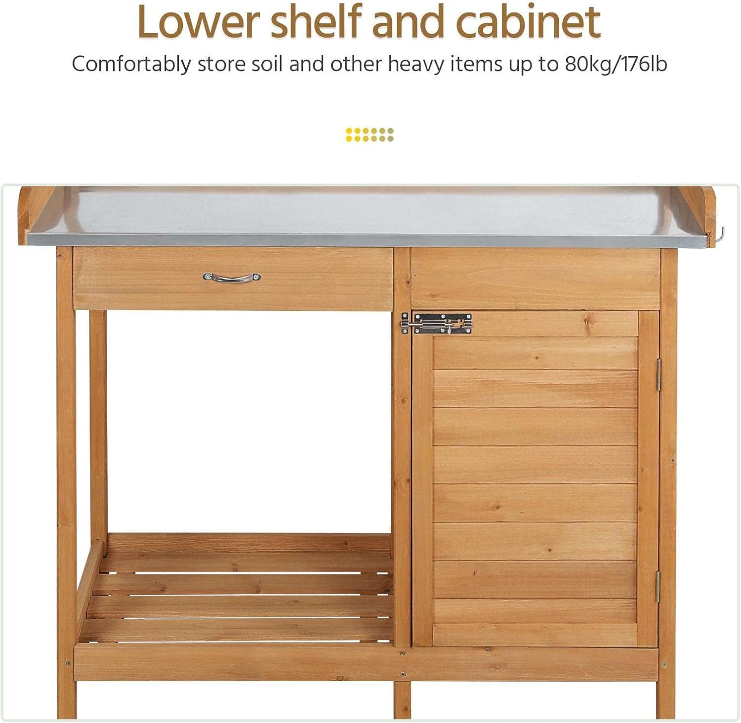 Yaheetech Outdoor Garden Potting Bench Table Work Bench Metal Tabletop W-Cabinet Drawer Open Shelf Natural Wood - 8