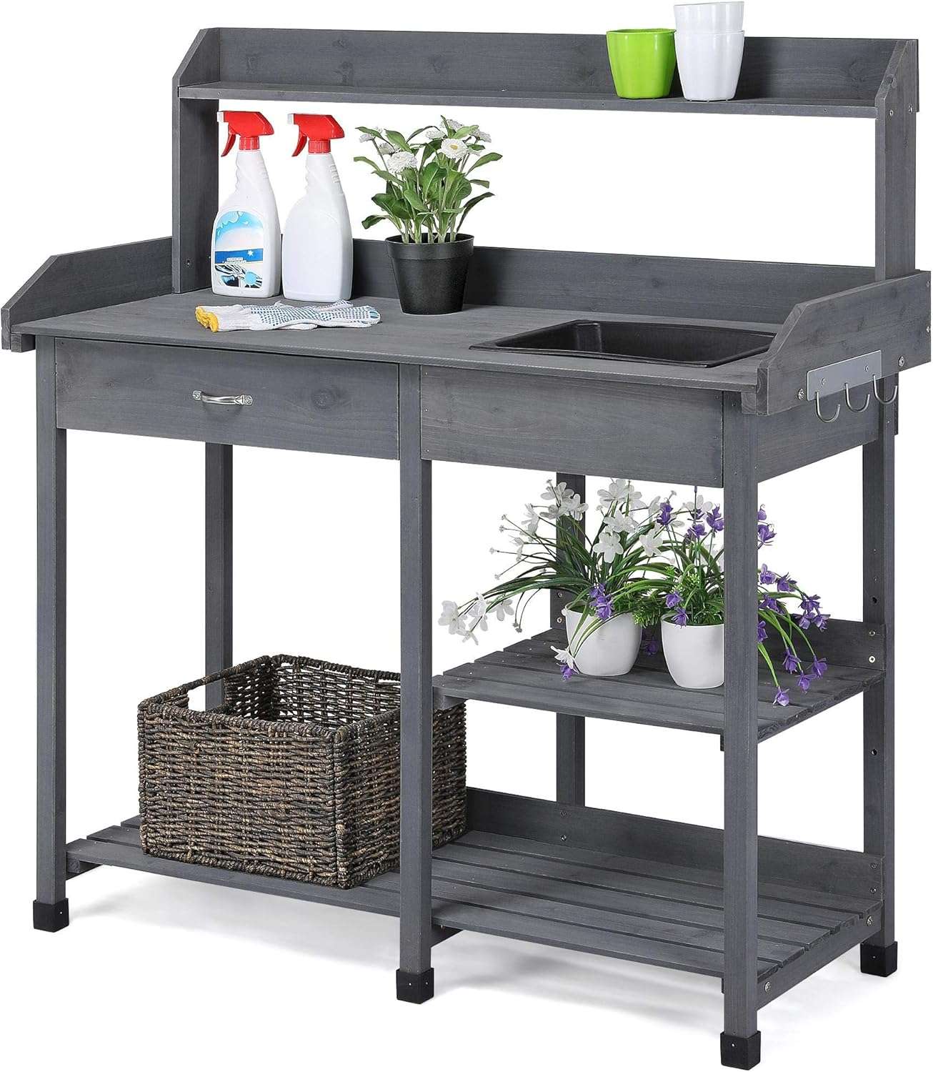 Yaheetech Outdoor Potting Bench Table Potters Benches Garden Workstation for Horticulture with Drawer-Adjustable Shelf Rack-Removable Sink-Hooks-Pads, Gray - 1