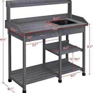 Yaheetech Outdoor Potting Bench Table Potters Benches Garden Workstation for Horticulture with Drawer-Adjustable Shelf Rack-Removable Sink-Hooks-Pads, Gray - 3