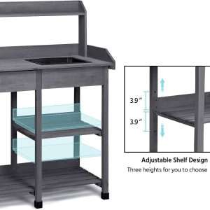 Yaheetech Outdoor Potting Bench Table Potters Benches Garden Workstation for Horticulture with Drawer-Adjustable Shelf Rack-Removable Sink-Hooks-Pads, Gray - 6