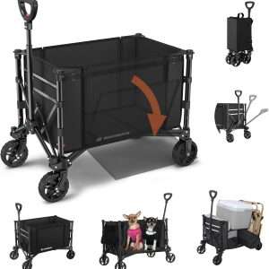 3 in 1 Collapsible Wagon Converts to Bench, 220lbs Foldable Wagon Cart with Wheels, 120L Shopping Cart for Groceries Folding Utility Wagon for Beach, Garden, Camping, Sport, Black - 1