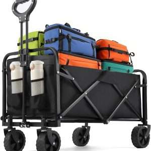 Collapsible Wagon 220 lbs, Heavy Duty Wagon Carts Foldable, Portable Wagons for Groceries, Beach Cart with All-Terrain Wheels & Drink Holders, Utility Wagon for Shopping, Sports, Camping, Black - 1