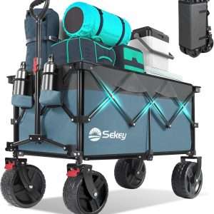 Collapsible Wagon Cart with Big All-Terrain Beach Wheels, Foldable Heavy Duty Wagons with Cup Holders, Utility Carts for Camping, Garden, Outdoor, Grocery, Sports. Blue & Gray - 1