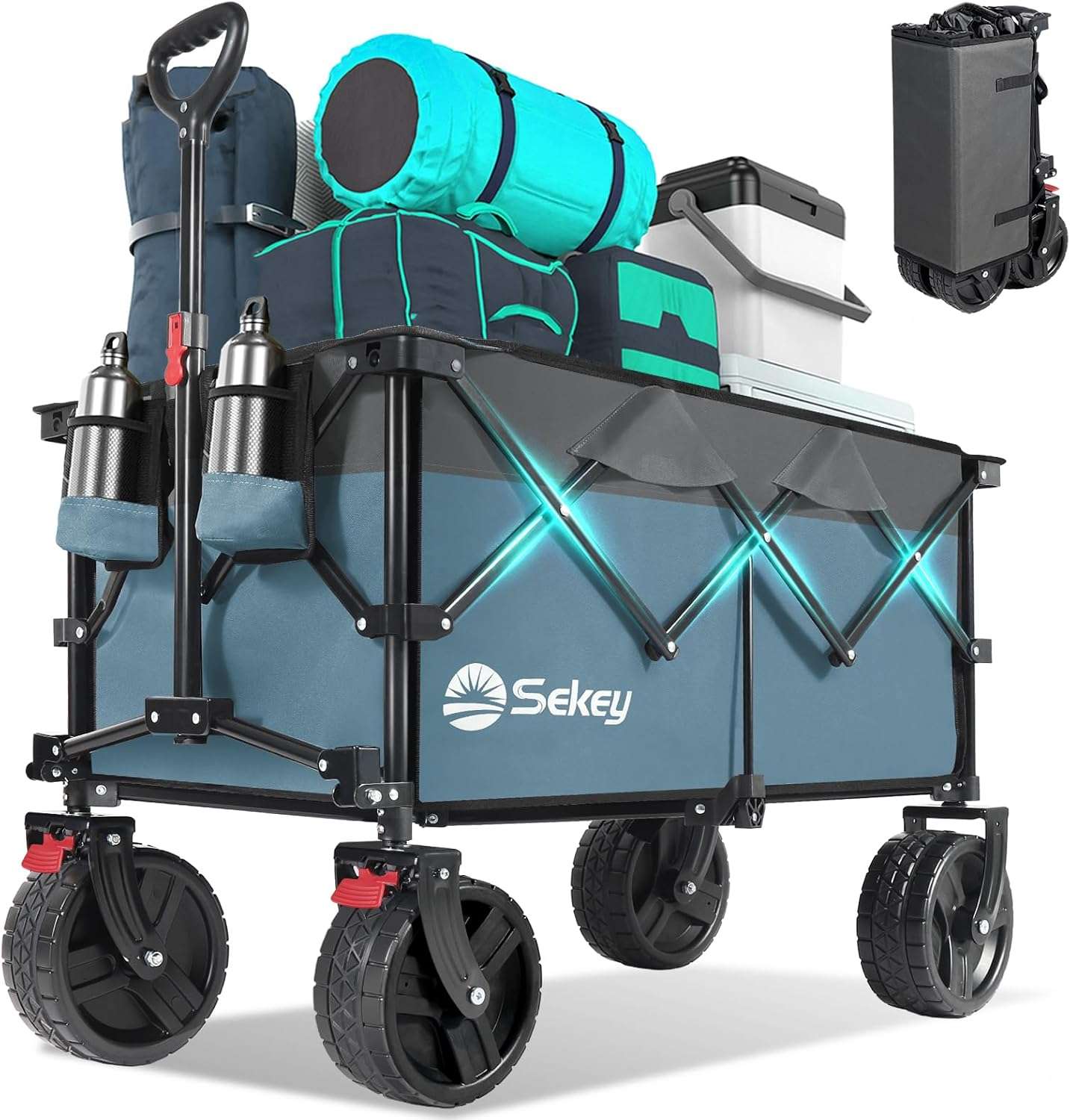 Collapsible Wagon Cart with Big All-Terrain Beach Wheels, Foldable Heavy Duty Wagons with Cup Holders, Utility Carts for Camping, Garden, Outdoor, Grocery, Sports. Blue & Gray - 1