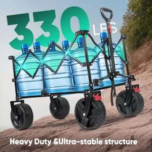 Collapsible Wagon Cart with Big All-Terrain Beach Wheels, Foldable Heavy Duty Wagons with Cup Holders, Utility Carts for Camping, Garden, Outdoor, Grocery, Sports. Blue & Gray - 3