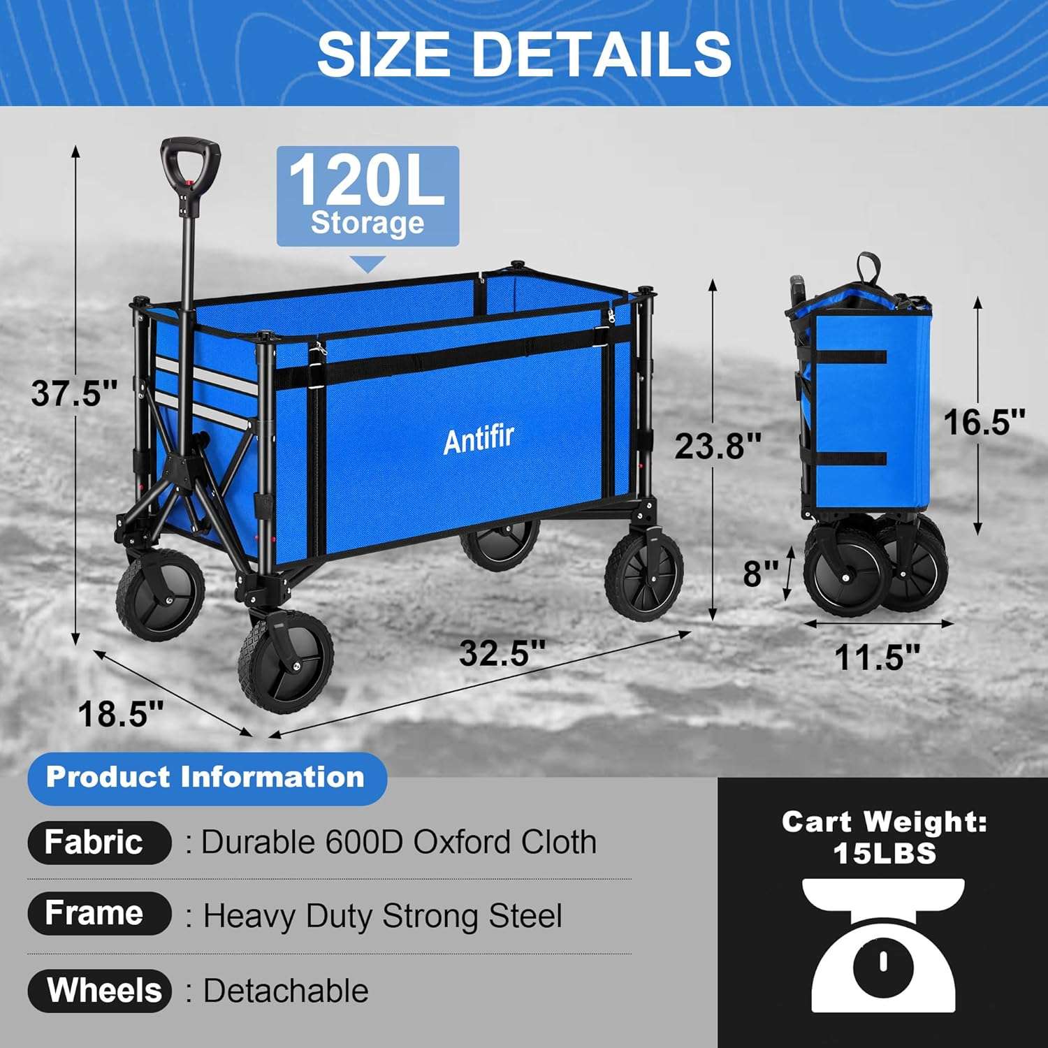 Collapsible Wagon Carts,Folding Wagon Cart with All Terrain Wheels,Heavy Duty Garden Carts with Adjustable Handle,Outdoor Utility Wagon for Camping Shopping Sports Fishing - 5