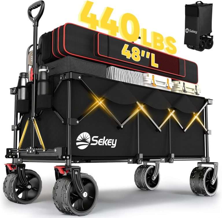 Sekey 48”L Collapsible Foldable Extended Wagon with 440lbs Weight Capacity, Heavy Duty 300L Folding Utility Garden Cart with Big All-Terrain Beach Wheels & Drink Holders. Black