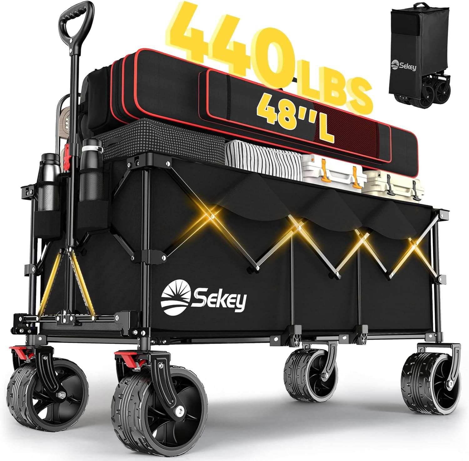 Sekey 48'L Collapsible Foldable Extended Wagon with 440lbs Weight Capacity, Heavy Duty 300L Folding Utility Garden Cart with Big All-Terrain Beach Wheels & Drink Holders. Black - 1