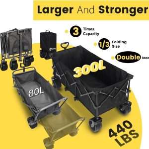 Sekey 48'L Collapsible Foldable Extended Wagon with 440lbs Weight Capacity, Heavy Duty 300L Folding Utility Garden Cart with Big All-Terrain Beach Wheels & Drink Holders. Black - 2
