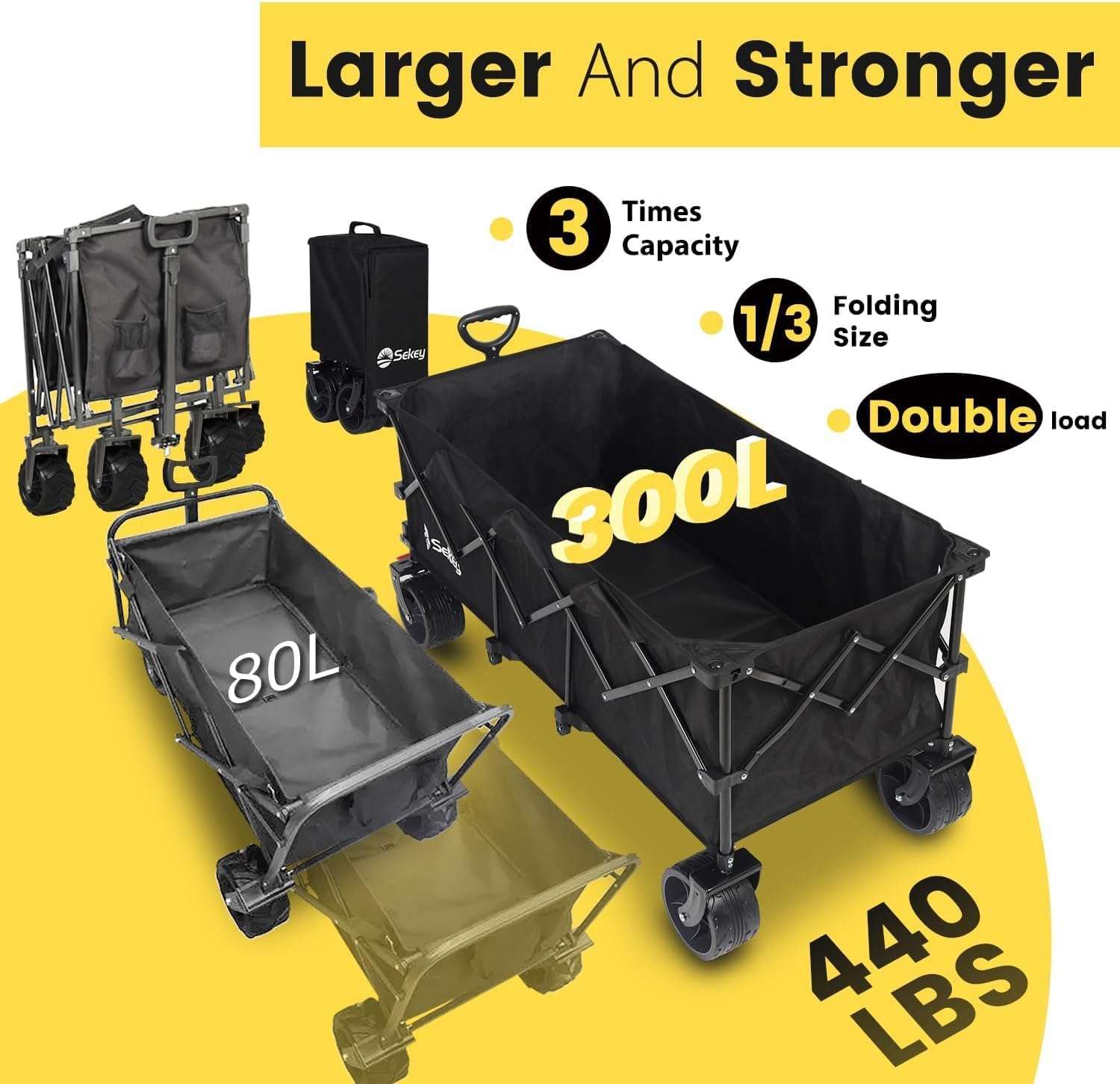 Sekey 48'L Collapsible Foldable Extended Wagon with 440lbs Weight Capacity, Heavy Duty 300L Folding Utility Garden Cart with Big All-Terrain Beach Wheels & Drink Holders. Black - 2