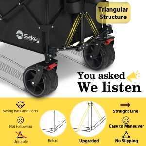 Sekey 48'L Collapsible Foldable Extended Wagon with 440lbs Weight Capacity, Heavy Duty 300L Folding Utility Garden Cart with Big All-Terrain Beach Wheels & Drink Holders. Black - 3