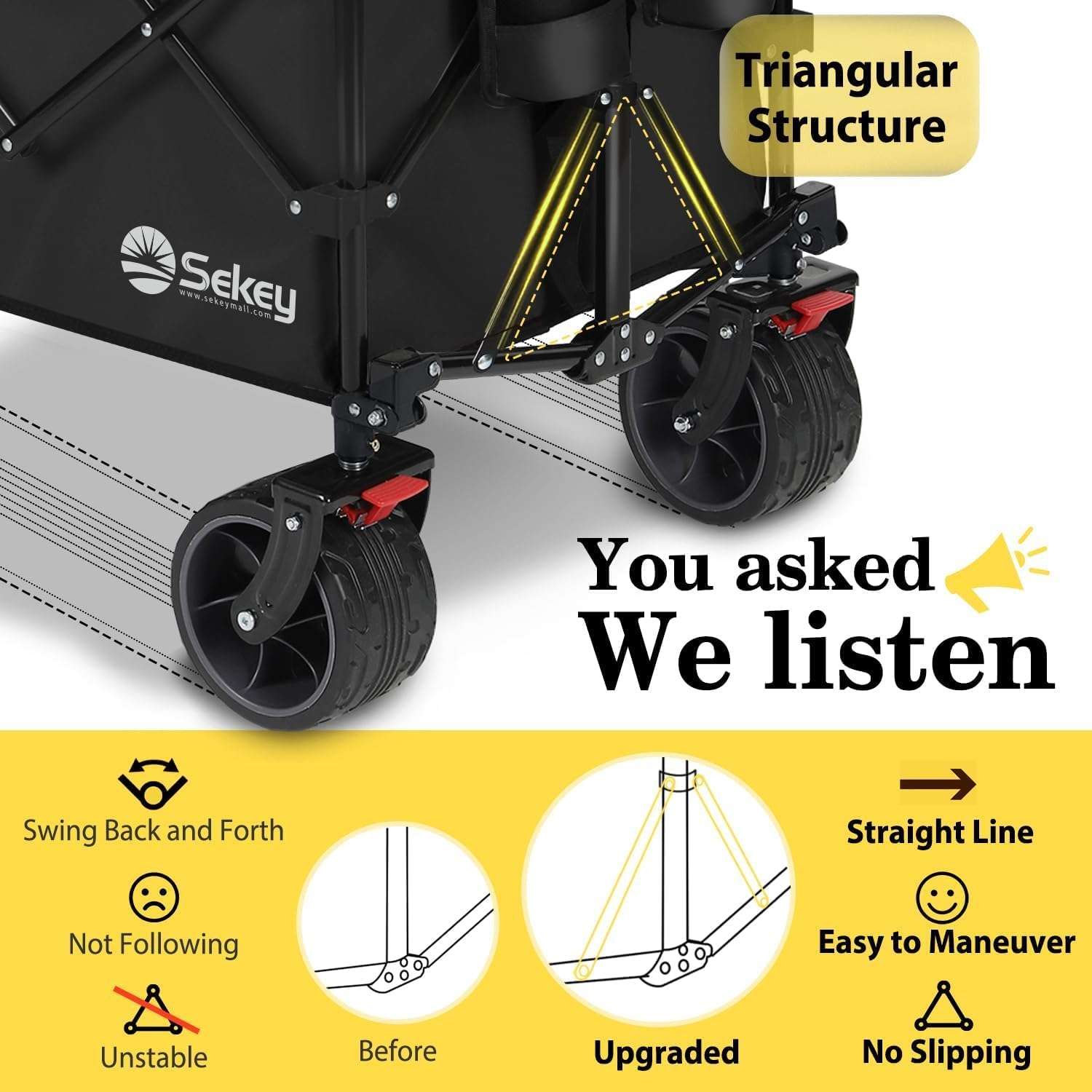 Sekey 48'L Collapsible Foldable Extended Wagon with 440lbs Weight Capacity, Heavy Duty 300L Folding Utility Garden Cart with Big All-Terrain Beach Wheels & Drink Holders. Black - 3