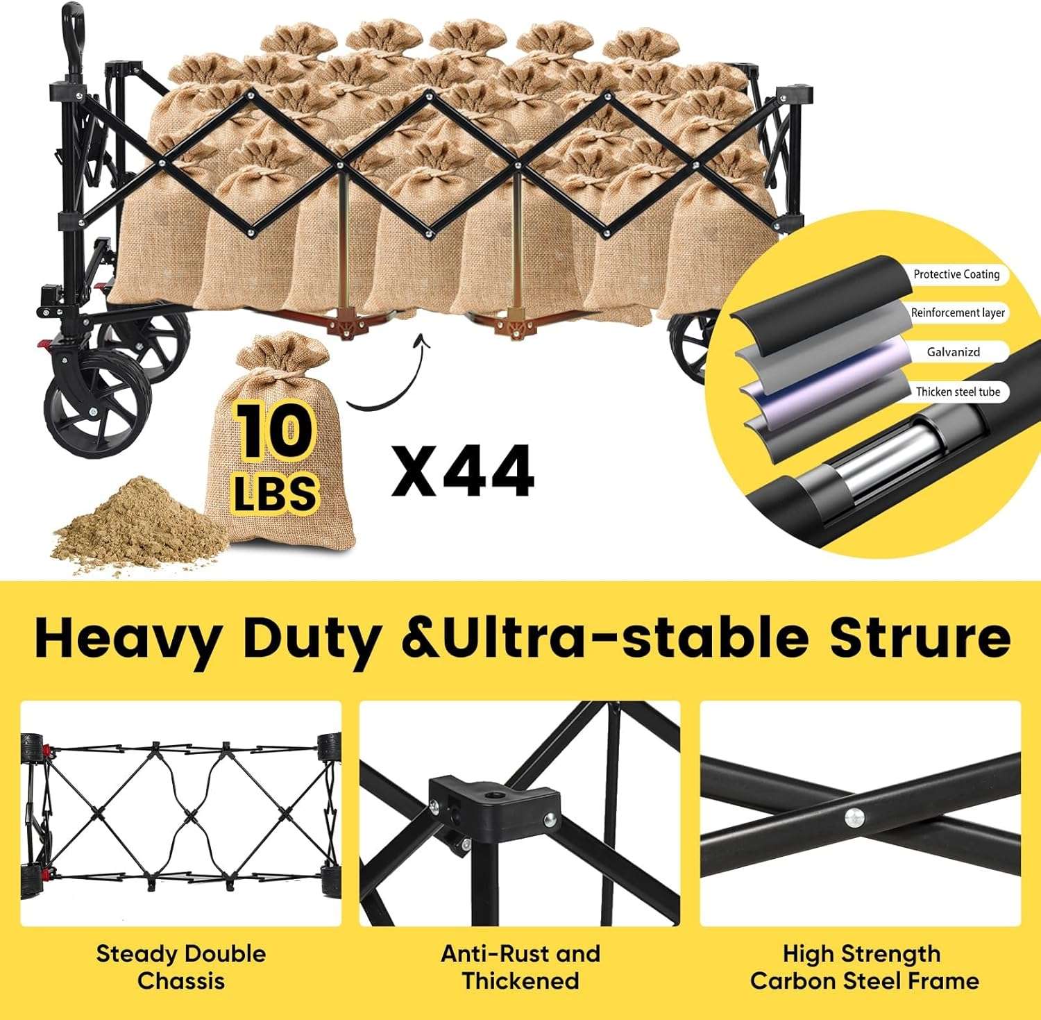 Sekey 48'L Collapsible Foldable Extended Wagon with 440lbs Weight Capacity, Heavy Duty 300L Folding Utility Garden Cart with Big All-Terrain Beach Wheels & Drink Holders. Black - 5