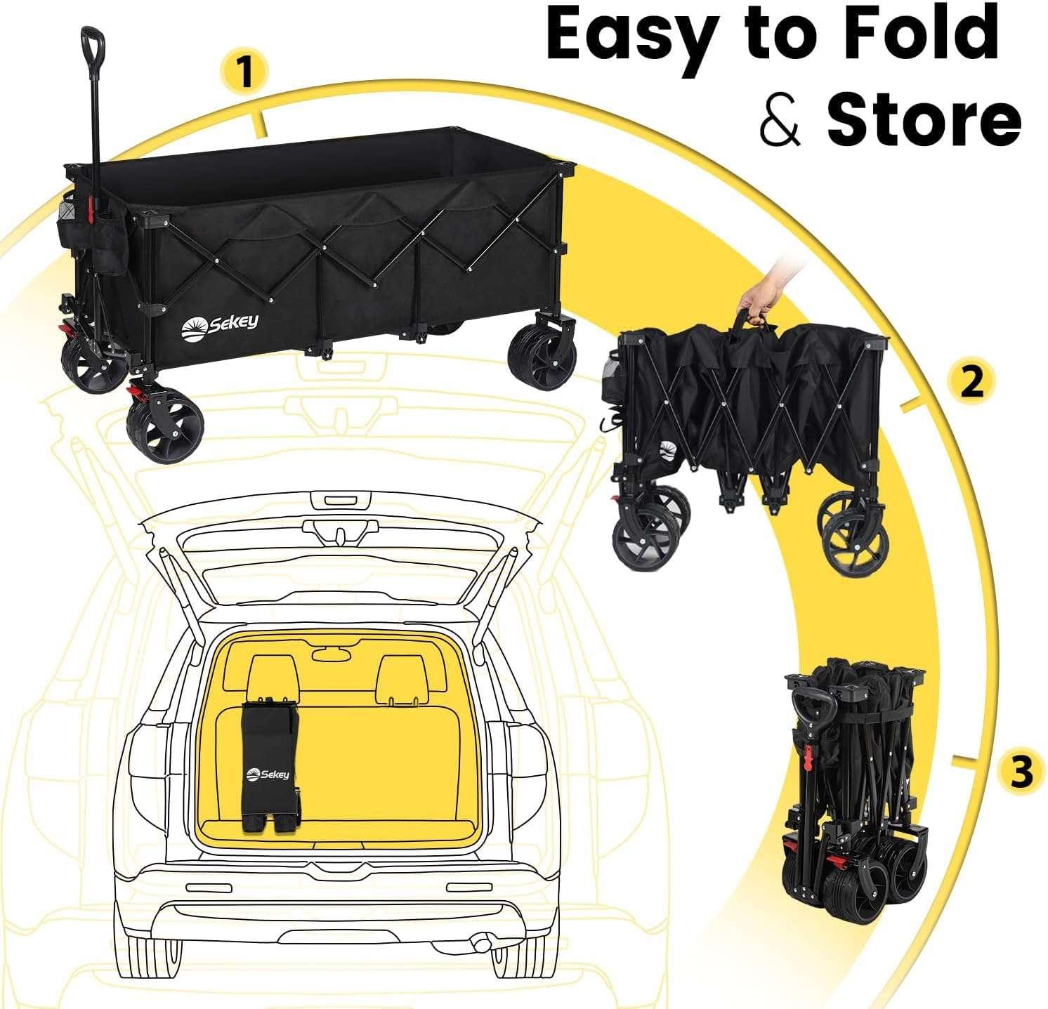 Sekey 48'L Collapsible Foldable Extended Wagon with 440lbs Weight Capacity, Heavy Duty 300L Folding Utility Garden Cart with Big All-Terrain Beach Wheels & Drink Holders. Black - 6