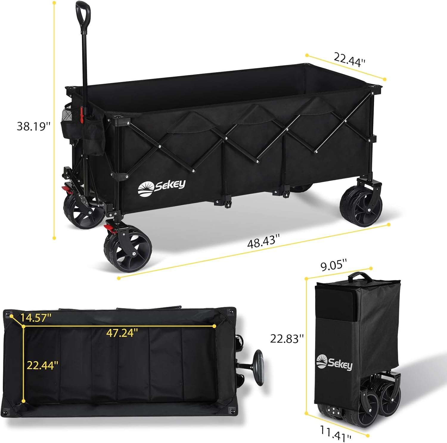 Sekey 48'L Collapsible Foldable Extended Wagon with 440lbs Weight Capacity, Heavy Duty 300L Folding Utility Garden Cart with Big All-Terrain Beach Wheels & Drink Holders. Black - 7