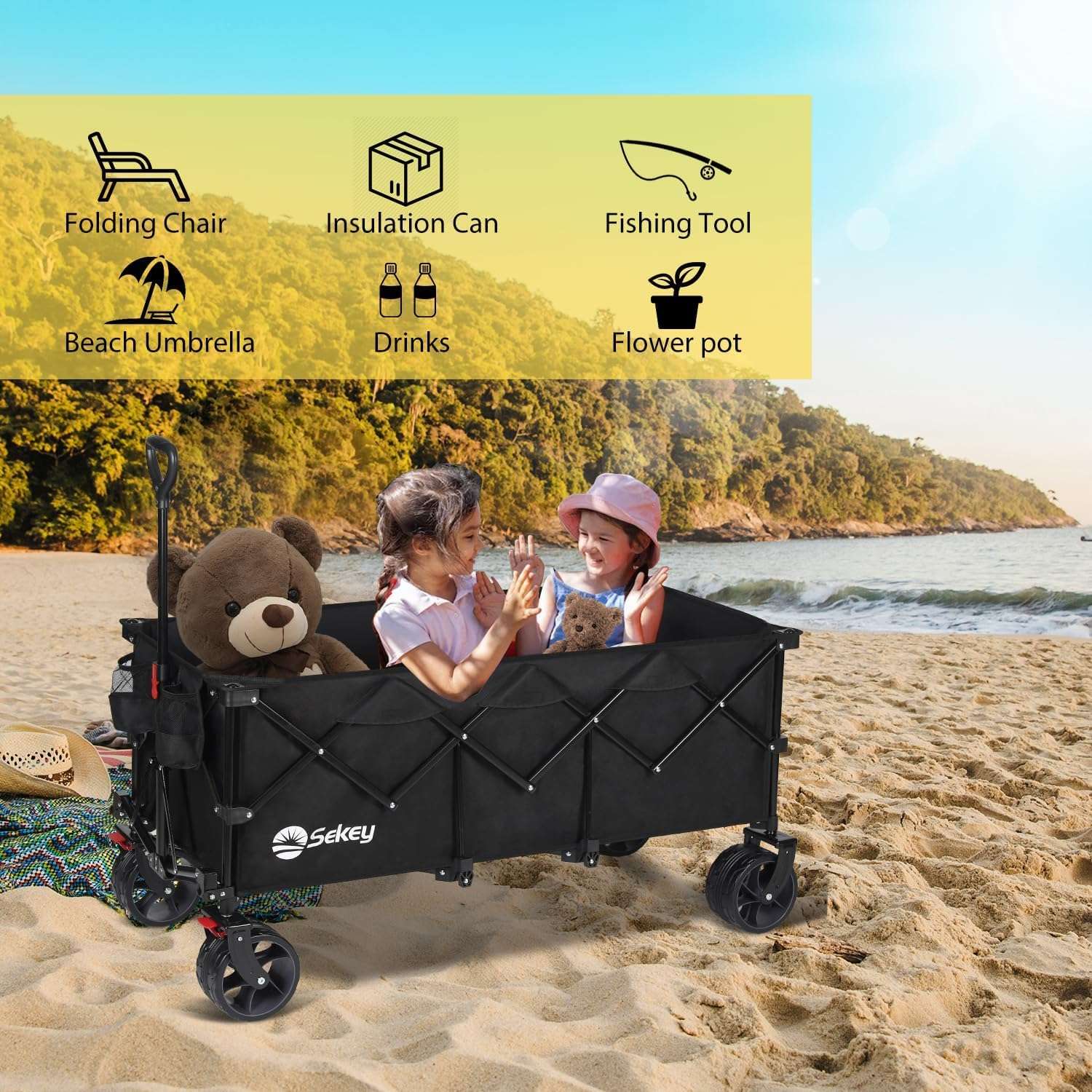 Sekey 48'L Collapsible Foldable Extended Wagon with 440lbs Weight Capacity, Heavy Duty 300L Folding Utility Garden Cart with Big All-Terrain Beach Wheels & Drink Holders. Black - 8