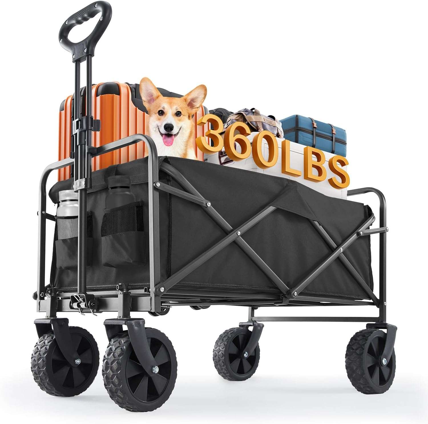 Sweetcrispy Collapsible Foldable Wagon Cart, Large Capacity Garden Cart with Wheels, Heavy Duty Utility Grocery Wagon with Drink Holders for Shopping Sports Camping, Large Black - 1