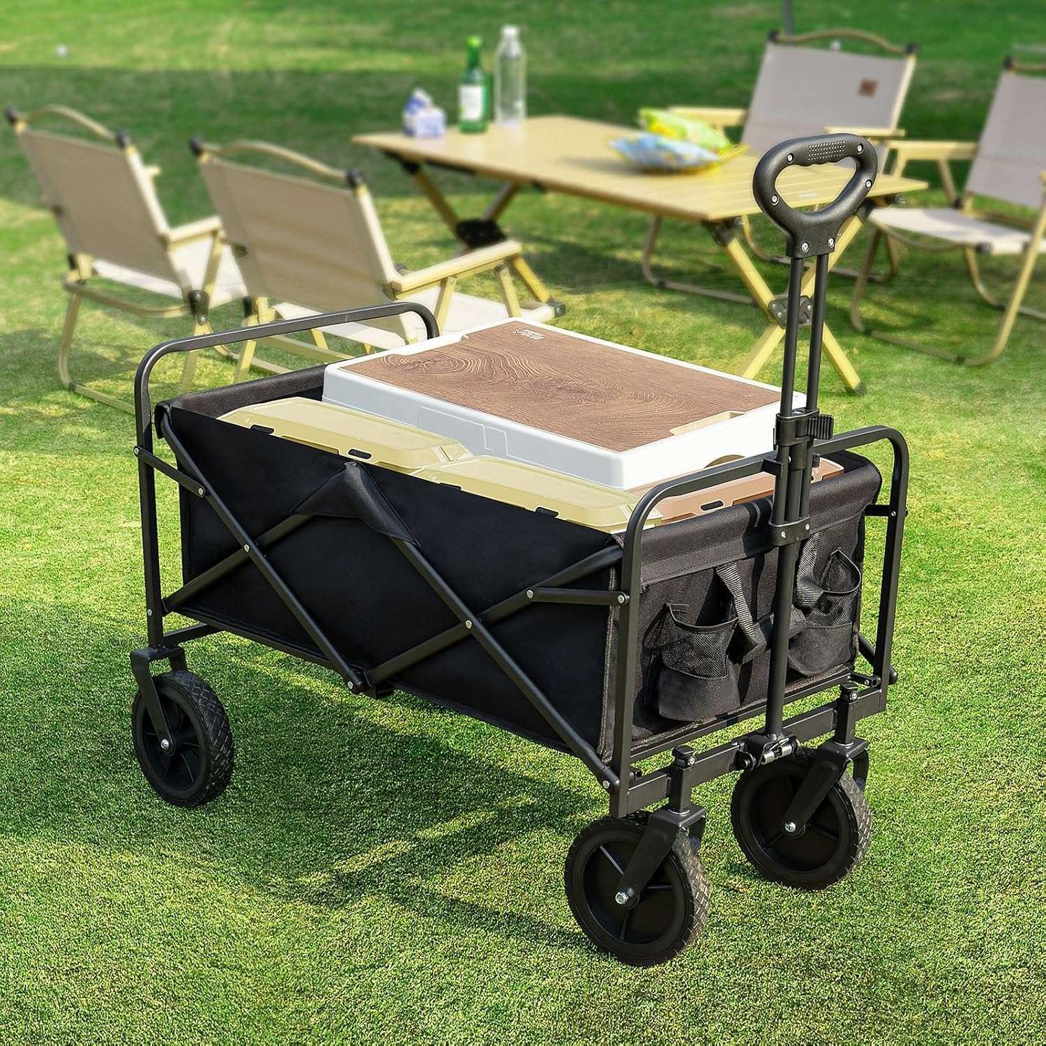 Sweetcrispy Collapsible Foldable Wagon Cart, Large Capacity Garden Cart with Wheels, Heavy Duty Utility Grocery Wagon with Drink Holders for Shopping Sports Camping, Large Black - Image 7