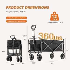 Sweetcrispy Collapsible Foldable Wagon Cart, Large Capacity Garden Cart with Wheels, Heavy Duty Utility Grocery Wagon with Drink Holders for Shopping Sports Camping, Large Black - 3