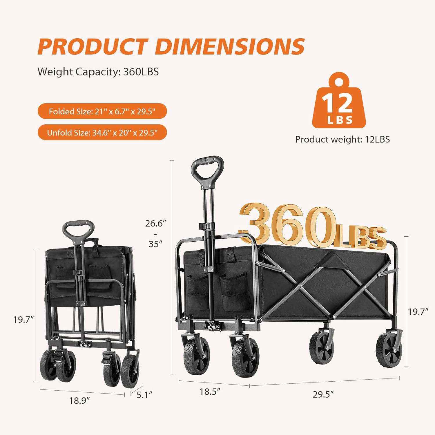 Sweetcrispy Collapsible Foldable Wagon Cart, Large Capacity Garden Cart with Wheels, Heavy Duty Utility Grocery Wagon with Drink Holders for Shopping Sports Camping, Large Black - 3