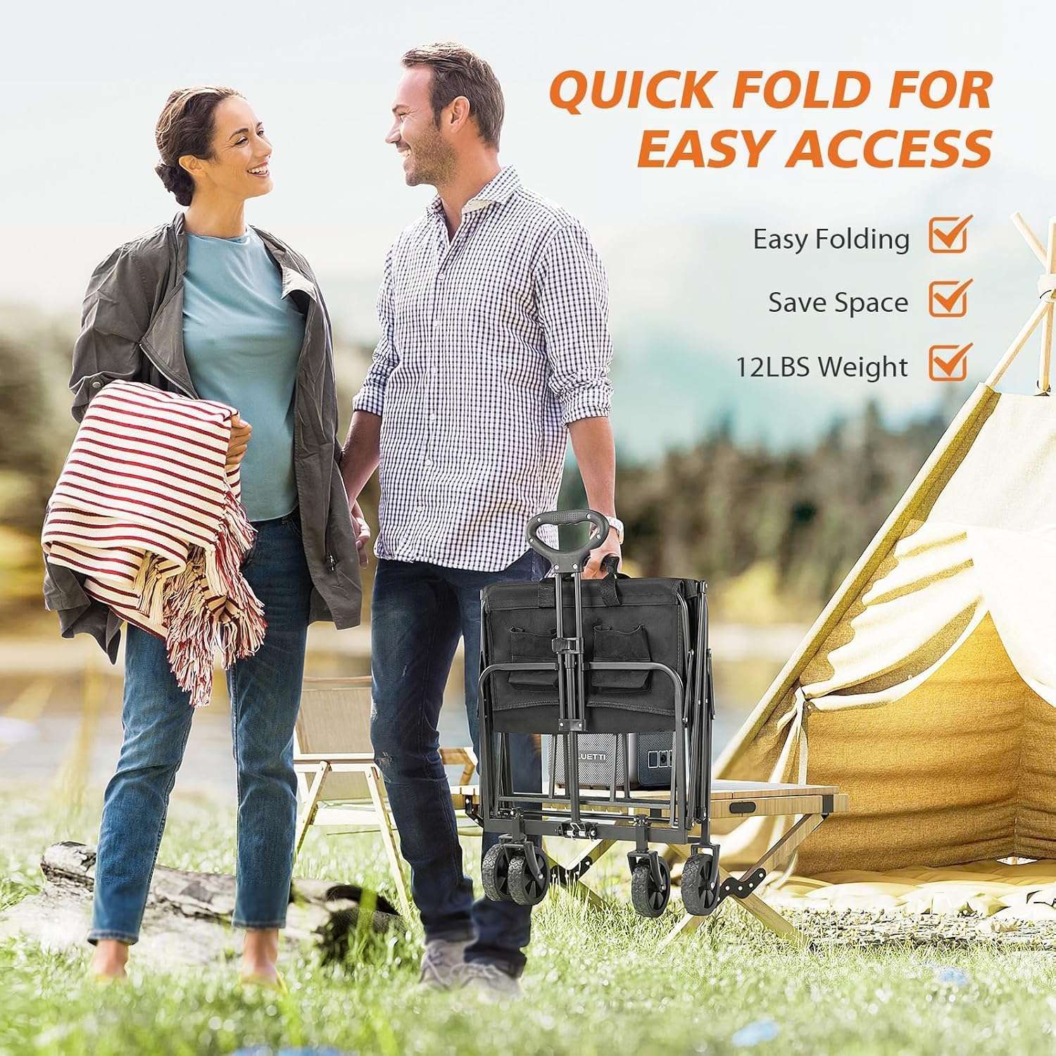 Sweetcrispy Collapsible Foldable Wagon Cart, Large Capacity Garden Cart with Wheels, Heavy Duty Utility Grocery Wagon with Drink Holders for Shopping Sports Camping, Large Black - 6