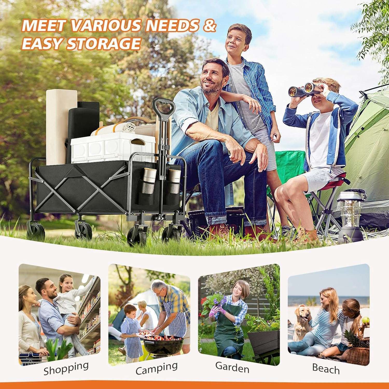 Sweetcrispy Collapsible Foldable Wagon Cart, Large Capacity Garden Cart with Wheels, Heavy Duty Utility Grocery Wagon with Drink Holders for Shopping Sports Camping, Large Black - 7