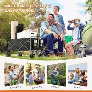 Sweetcrispy Collapsible Foldable Wagon Cart, Large Capacity Garden Cart with Wheels, Heavy Duty Utility Grocery Wagon with Drink Holders for Shopping Sports Camping, Large Black - 8