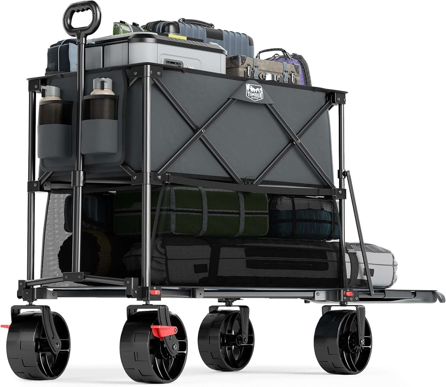 TIMBER RIDGE 400L Large Capacity Folding Double Decker Wagon with Brakes, 54 Extra Long Extender Wagon Cart, 450lbs Heavy Duty Collapsible Cart, All-Terrain Big Wheels - 1