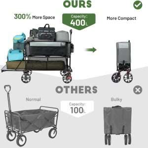 TIMBER RIDGE 400L Large Capacity Folding Double Decker Wagon with Brakes, 54 Extra Long Extender Wagon Cart, 450lbs Heavy Duty Collapsible Cart, All-Terrain Big Wheels - 4