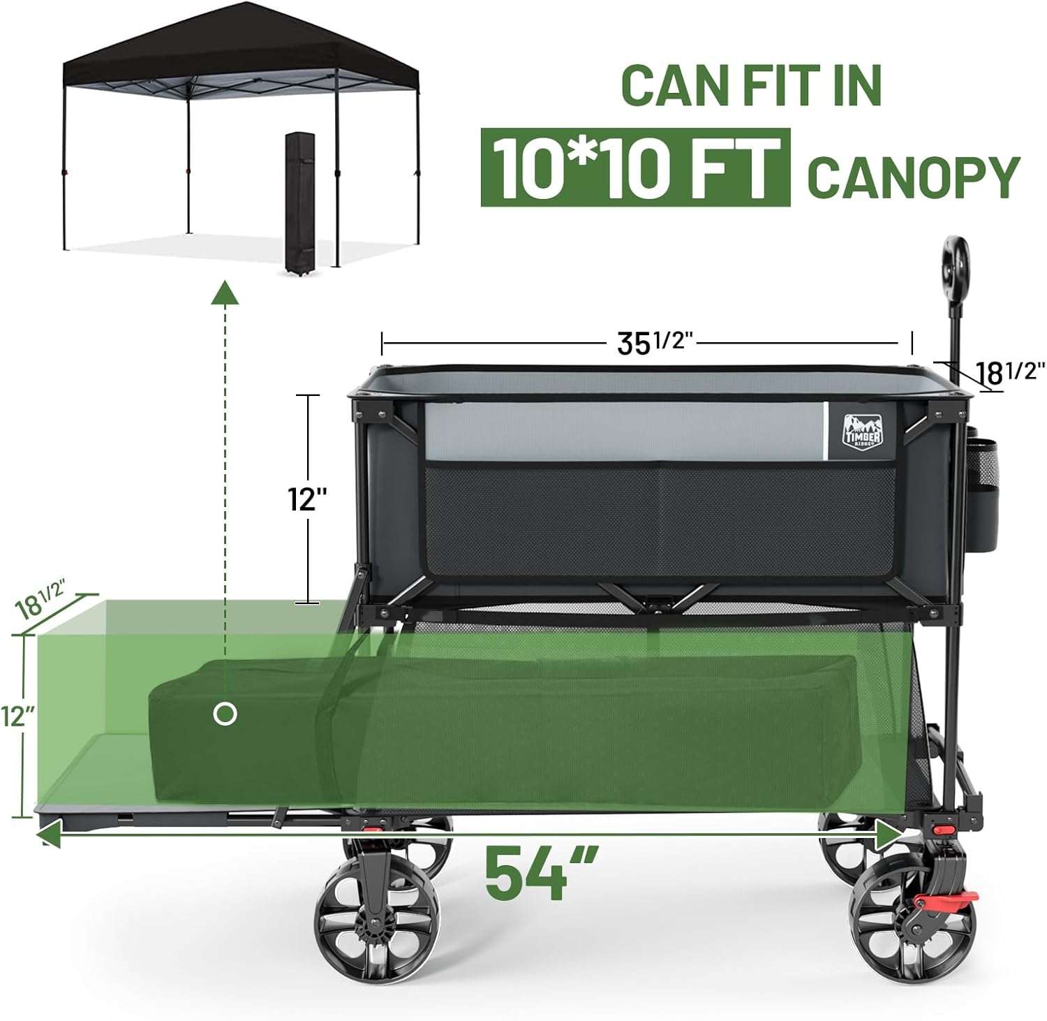 TIMBER RIDGE 400L Large Capacity Folding Double Decker Wagon with Brakes, 54 Extra Long Extender Wagon Cart, 450lbs Heavy Duty Collapsible Cart, All-Terrain Big Wheels - 5