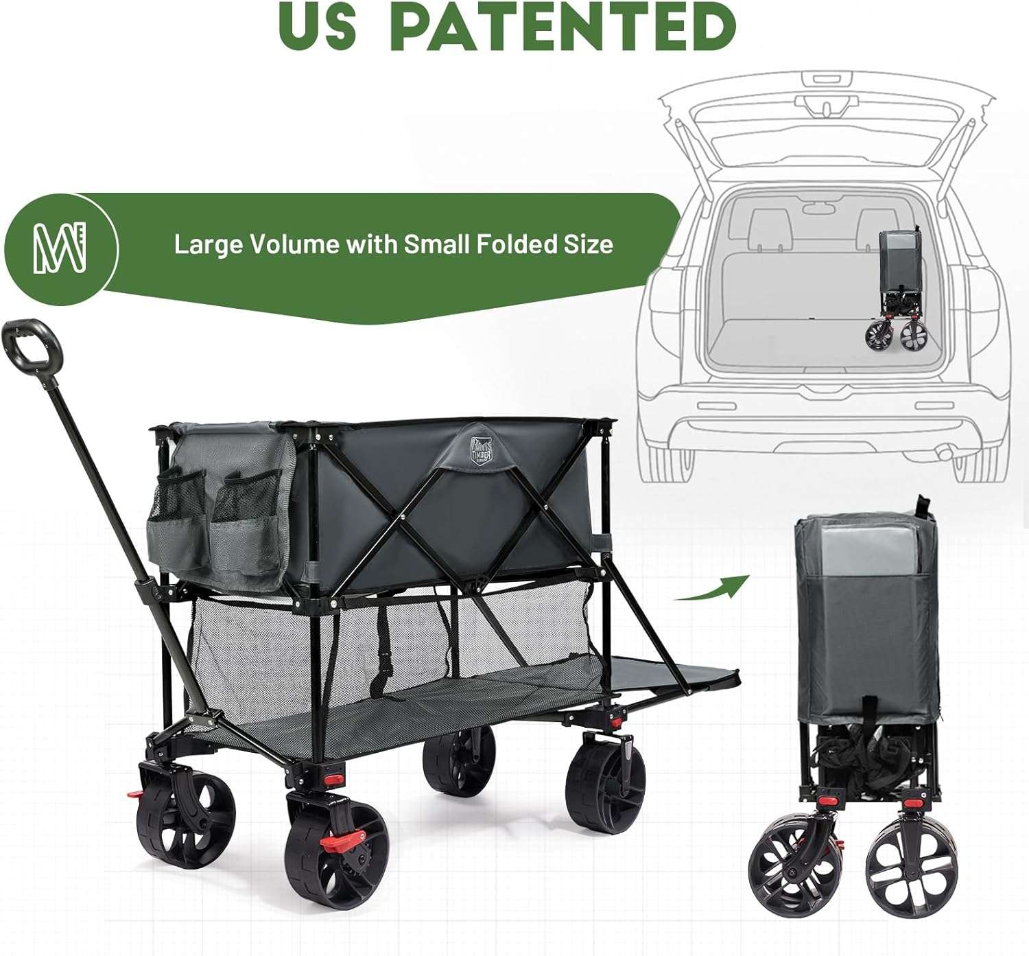 TIMBER RIDGE 400L Large Capacity Folding Double Decker Wagon with Brakes, 54 Extra Long Extender Wagon Cart, 450lbs Heavy Duty Collapsible Cart, All-Terrain Big Wheels - 7