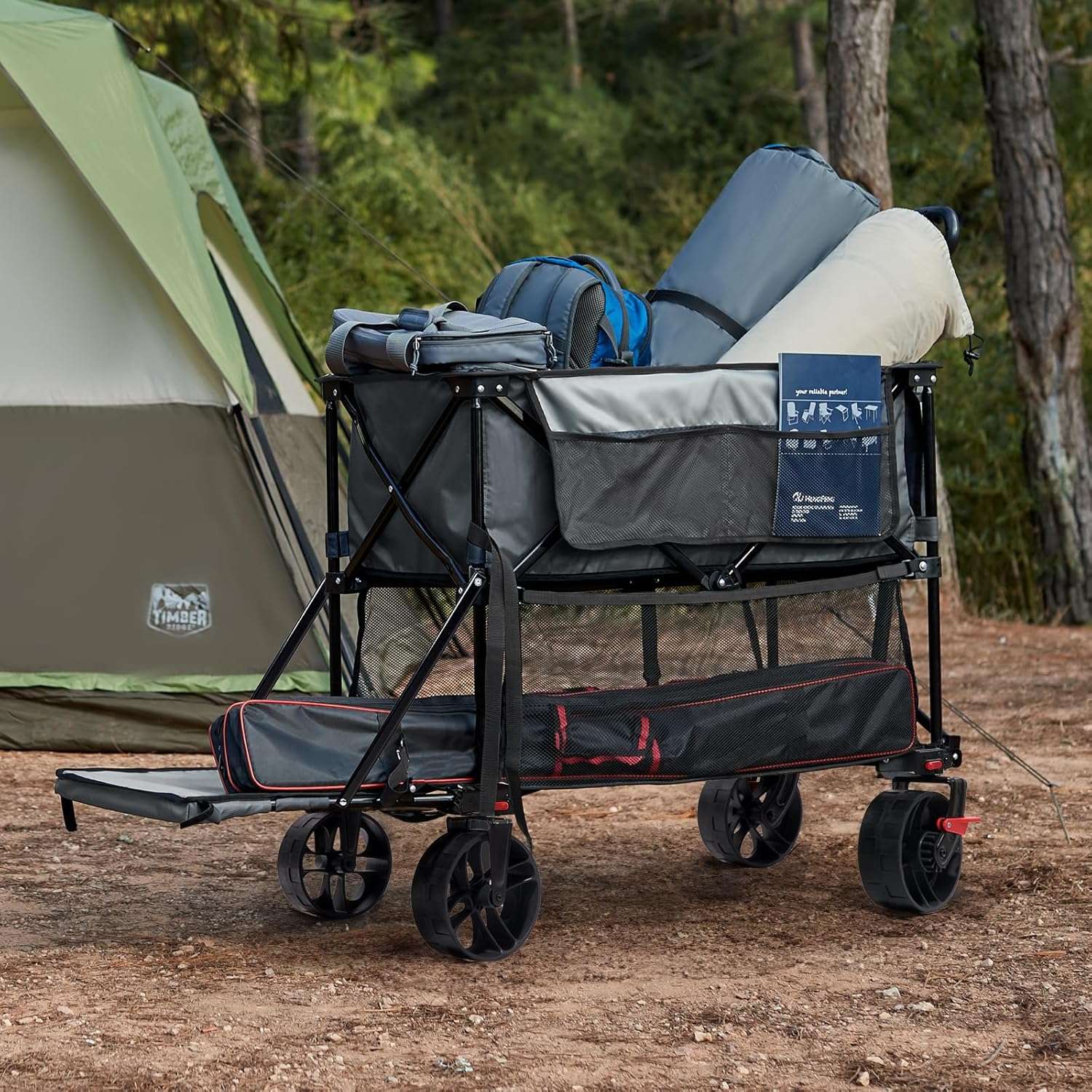 TIMBER RIDGE 400L Large Capacity Folding Double Decker Wagon with Brakes, 54 Extra Long Extender Wagon Cart, 450lbs Heavy Duty Collapsible Cart, All-Terrain Big Wheels - 8