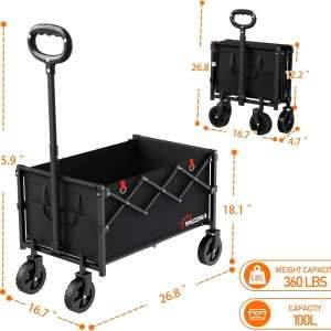 Wagons Carts Foldable, Lightweight Portable Utility Shopping Cart with Wheels, Folding Grocery Wagon Cart for Grocery, Camping, Shopping, Beach, Garden, Sports Black - 8