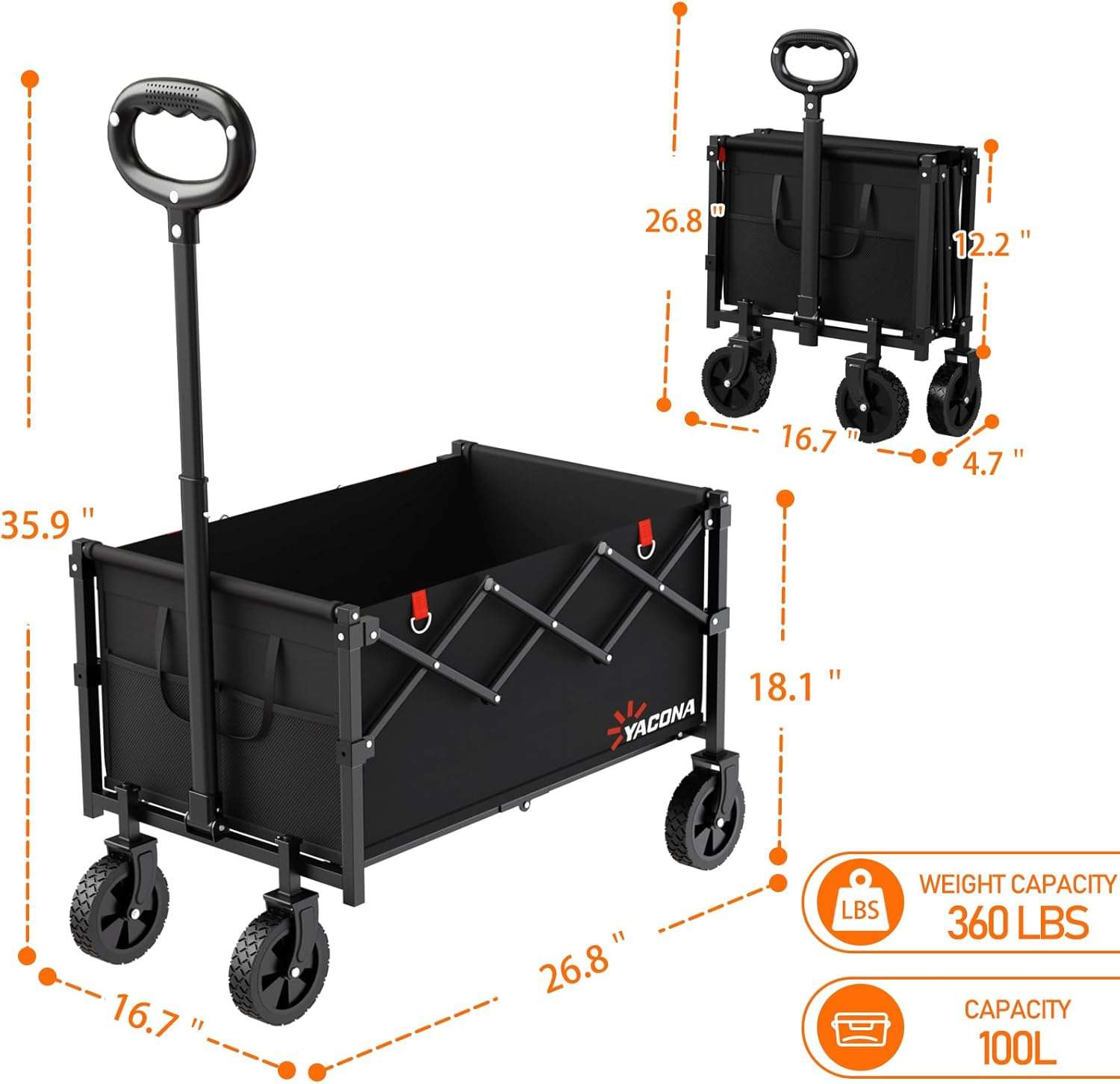 Wagons Carts Foldable, Lightweight Portable Utility Shopping Cart with Wheels, Folding Grocery Wagon Cart for Grocery, Camping, Shopping, Beach, Garden, Sports Black - 8
