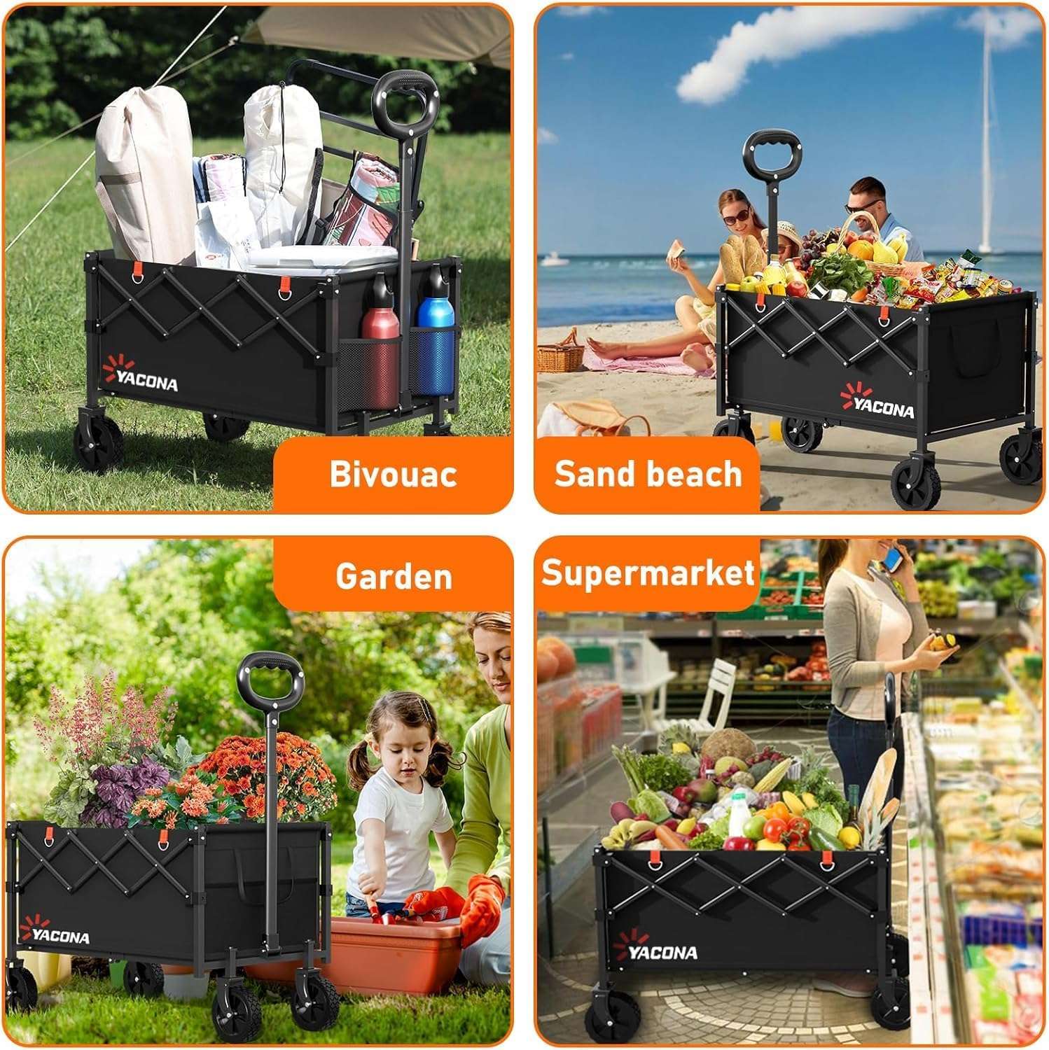 Wagons Carts Foldable, Lightweight Portable Utility Shopping Cart with Wheels, Folding Grocery Wagon Cart for Grocery, Camping, Shopping, Beach, Garden, Sports Black - 9