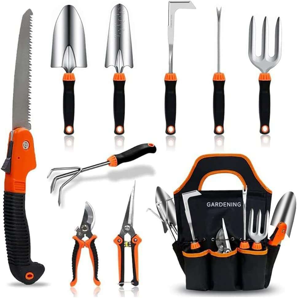 Garden Tool Set,10 PCS Stainless Steel Heavy Duty Gardening Tool Set with Soft Rubberized Non-Slip Ergonomic Handle Storage Tote Bag,Gardening Tool Set Gifts for Women and Men - 1