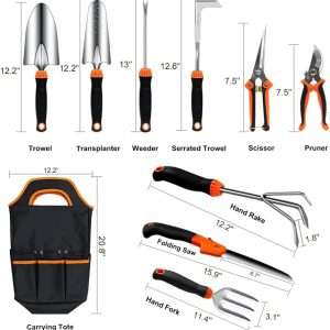 Garden Tool Set,10 PCS Stainless Steel Heavy Duty Gardening Tool Set with Soft Rubberized Non-Slip Ergonomic Handle Storage Tote Bag,Gardening Tool Set Gifts for Women and Men - 2