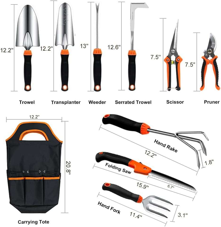 Garden Tool Set,10 PCS Stainless Steel Heavy Duty Gardening Tool Set with Soft Rubberized Non-Slip Ergonomic Handle Storage Tote Bag,Gardening Tool Set Gifts for Women and Men - 2